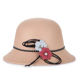 Women Woolen Cloche Hat Elegant 3D Flower Rhinestone Winter Warm Fedora Hat Flat Brim Party Dress Bucket Hat