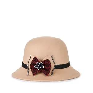Elegante kaki wollen cloche hoed voor dames met strik en strass bloem versiering