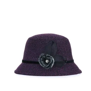 Elegant deep purple wool blend bucket hat for women with plush flower and rhinestone