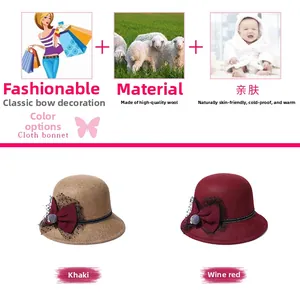 Detail of wool cloche hats with decorative bow and mesh veil in khaki and burgundy red