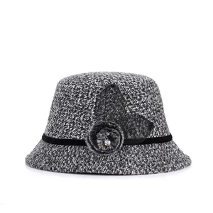 Elegant women's winter wool felt cloche hat with rhinestone mesh pompom decor