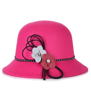 Elegant rose red wool felt cloche hat for women with floral decor and diamond band