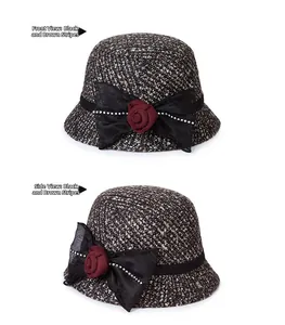 Front and side view of black brown stripe wool fedora hat with rose bow detail