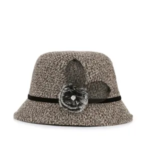Elegant dark brown wool blend cloche hat with velvet ribbon and rhinestone pompom detail