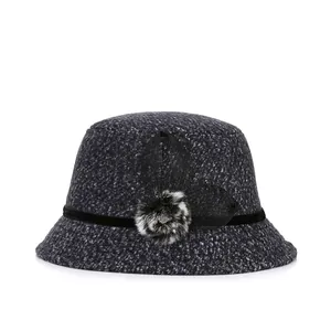Elegant dark grey tweed winter hat for women with fluffy fur pom-poms and mesh details
