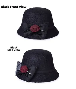 Front and side views of a black wool cloche hat with mesh bow and floral accent