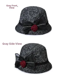 Detail of wool cloche hat with mesh bow, wine red rose flower and crystal accents