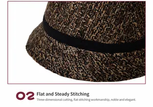Close-up of stable stitching and textured brown tweed fabric on wool hat for women