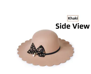Side view of khaki wool felt hat with scalloped brim, leopard bow and pearl detail