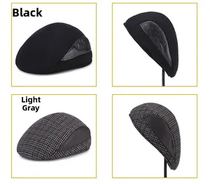 Detail view of winter flat caps in black wool and light grey houndstooth with earflaps