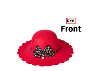 Front view of red wool felt hat with scalloped brim and leopard bow with pearl pendant