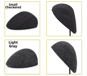 Detailed comparison of winter flat caps in small grid pattern and light grey textures