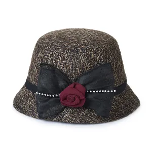 Vintage Women Cloche Hat Elegant Tweed Bow Rose Flower Rhinestone Winter Warm Bucket Hat For Ladies Mother Gift