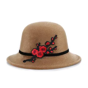 Winter faux mink fur dome hat with plum blossom embroidery and black ribbon trim