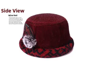 Detailed side view of a wine red thickened winter bucket hat with faux fur and floral decor