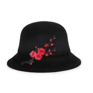 Elegant black faux mink fur cloche hat with red plum blossom embroidery for women winter