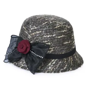 Elegant tweed cloche hat for women with a mesh bow and red fabric rose decoration
