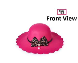 Detail of rose red wool fedora hat featuring scalloped brim and leopard bow ornament