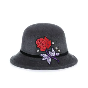 Elegant dark grey faux mink fur bucket hat with red rose embroidery and rhinestones