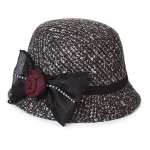 Elegant tweed bucket hat with black ribbon bow and red rose flower for women