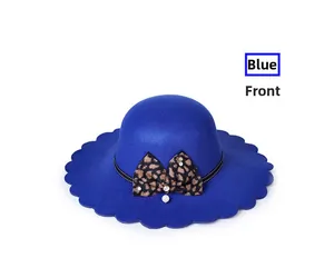 Blue wool fedora hat featuring scalloped edge and leopard bow detail with pearl