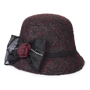 Elegant red and black tweed bucket hat for women with mesh bow and fabric rose