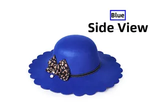 Detail view of blue felt hat with scalloped brim, leopard bow and pearl accents