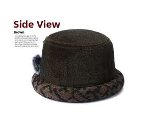 Side view of winter plush cloche hat for elderly women in brown with pattern detail