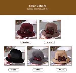 Detail view of winter wool fedora hats with rhinestone bows in five different colors