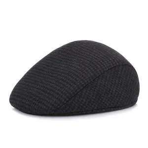 Classic grey checkered newsboy flat cap for men featuring premium wool blend fabric