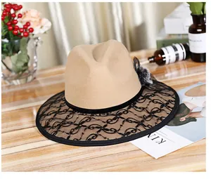 Detail of khaki wool fedora hat featuring black lace brim and elegant fur feather accent