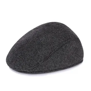 Classic dark grey herringbone flat cap for men with warm autumn and winter wool fabric