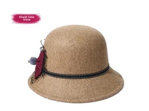 Side view of khaki wool felt hat featuring a burgundy bow, black mesh veil and grey pompom