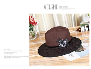 Close-up of a coffee wool fedora with black lace embroidery and a faux fur flower accent