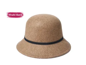 Back view of a khaki wool bucket hat with a black striped decorative band for women