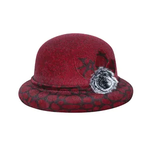 Women Winter Bucket Hat Warm Faux Fur Woolen Basin Hat With Pom Pom Rhinestone Elegant Vintage Fedora Hat For Elderly