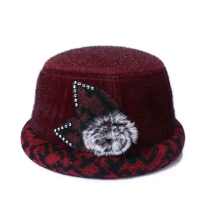 Elegant wine red winter faux fur bucket hat for elderly women with rhinestones