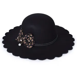 Women's black wool fedora hat with leopard bow, pearl pendant and scalloped brim