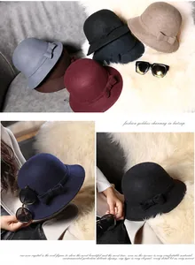 Detail of wool felt cloche hats featuring elegant bow ribbons in multiple colors