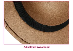 Close-up of adjustable inner sweatband on a brown wool felt fedora for women