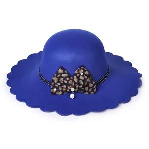 Elegant navy blue wide brim wool hat with leopard bow and pearl accent for winter