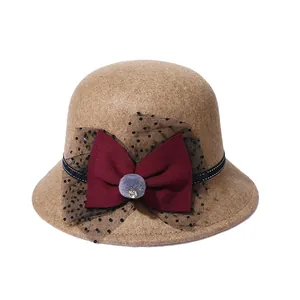 Elegant Women Wool Felt Cloche Hat With Bow Mesh Pom Pom Rhinestone Decor Warm Winter Autumn Fashion Bowler Hat Accessory