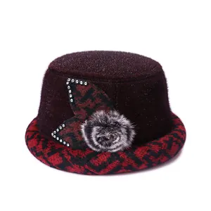 Winter women's burgundy velvet dome hat with houndstooth brim and decorative pom-pom