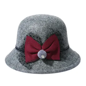 Elegant grey wool felt cloche hat with burgundy bow and vintage black mesh veil