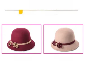 Close-up of wool felt bucket hats featuring contrast ribbed ribbon and bow detailing