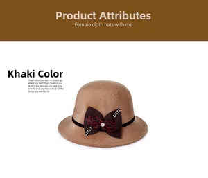 Detail of khaki cloche hat featuring a bow with red pattern and rhinestone accents