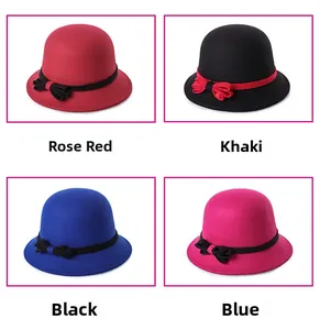 Collection of four wool cloche hats in rose red, khaki, black and blue with bow ribbon