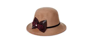 Close-up of camel wool cloche hat with rhinestone-embellished bow and dark ribbon detail