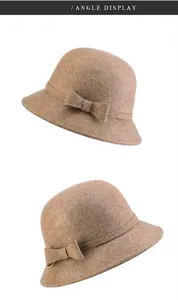 Detailed views of camel wool felt cloche hat featuring a matching bow decoration