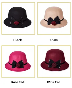 Détails de chapeaux cloches élégants en laine feutrée en noir, kaki, rose et bordeaux